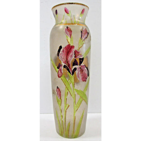Vintage Mont Joye Legras Hand Painted Iris Flower Frosted Glass Vase